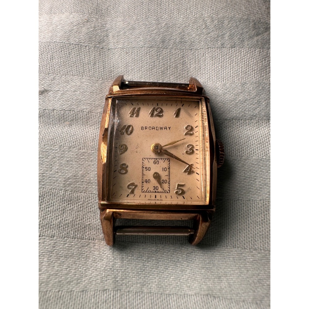 Vintage Broadway Swiss Watch 10K RGP Bezel Tank Case Sub Second Dial Art Deco